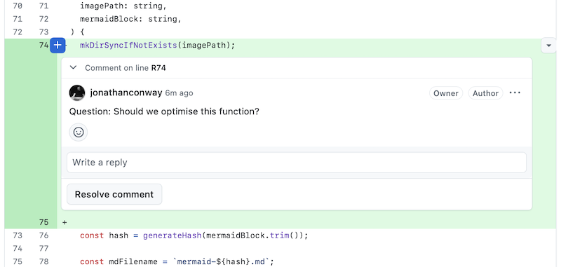Screenshot of inline notes in GitHub pull request