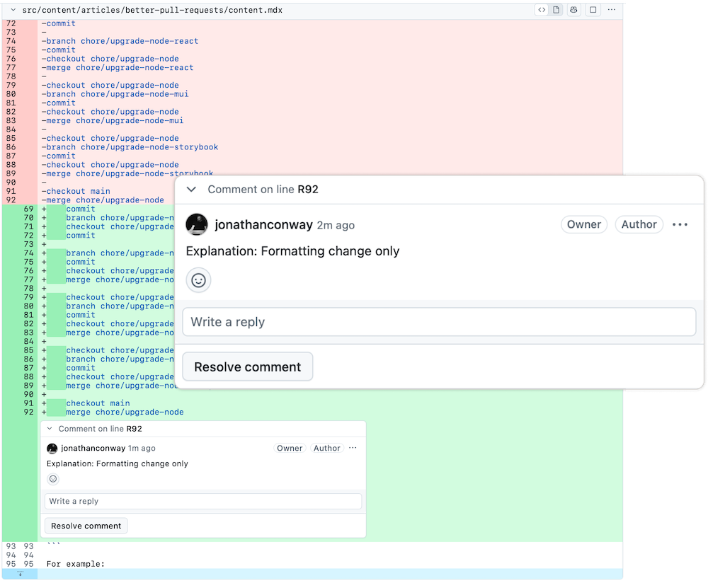 Screenshot of inline note for formatting change
