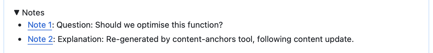 Screenshot of list of notes in description of GitHub pull request